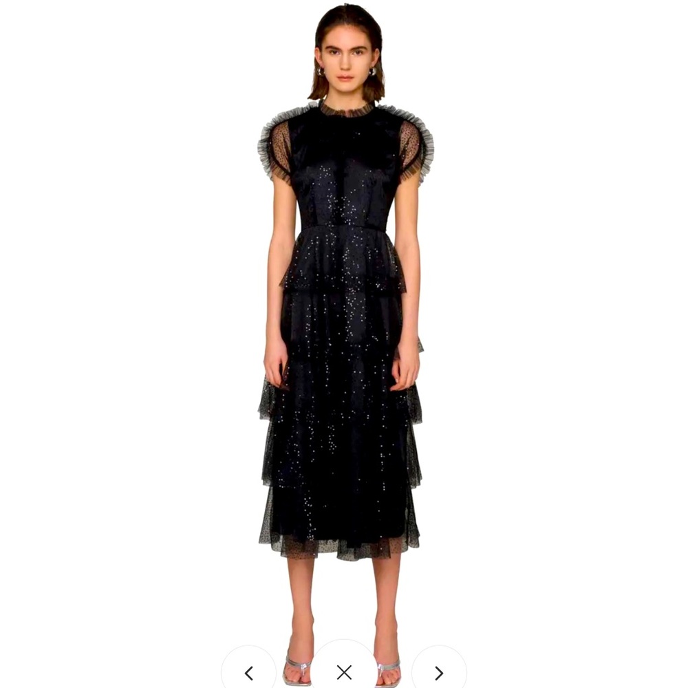 NWT AMY LYNN Mesh Overlay Shimmering Midi Tiered Tea Black Dress Size M